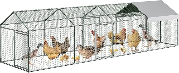 Metal Chicken Coop Outdoor Run, Predator-Proof Poultry Cage with Waterproof & Anti-UV Cover, Secure Hen House with Safety Lock for Backyard, Rabbits, Ducks & Geese, Silver 160" X40" X40"