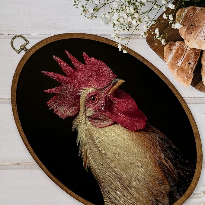 WULQYING Vintage Chicken Wall Art Decor, Moody Dark Academia Chicken Oval Framed Canvas Art Prints, Rustic Farmhouse Rooster Wall Hanging Decor for Home Bedroom Living Room, 8.6x11.4 Inches