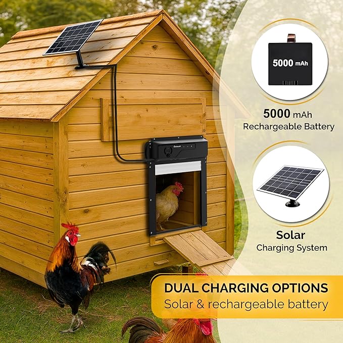 Automatic Chicken Coop Door Solar Powered with Nesting Pad - Waterproof Chicken Door with Timer, HD Camera, Anti-Pinch Protection, Mobile App & Remote Control, Alarm System, Mic & Speaker
