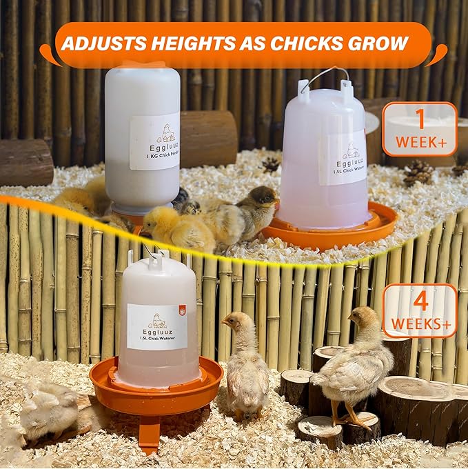 Chick Feeder and Waterer Kit Automatic Chicken Feeder and Waterer Set, 1L Chick Feeder and 1.5L Chick Waterer with 3 Heights Adjustable Legs
