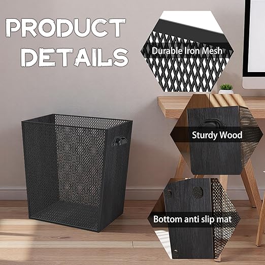 3 Gallon Black Wooden Trash Can - Rustic Office Waste Paper Basket - Decorative Garbage Bin for Bedroom, Bathroom, Kitchen, Living Room