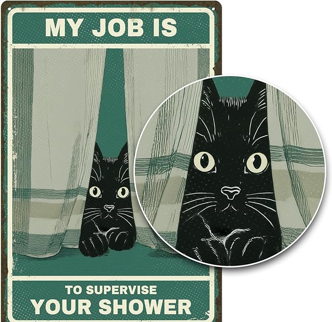 Cat Supervisor Tin Sign - Funny Bathroom Wall Decor Featuring a Peeking Black Cat, Vintage Retro Metal Art Poster, Relatable Humorous Gift for Cat Mom and Dad, 8x12 Inch
