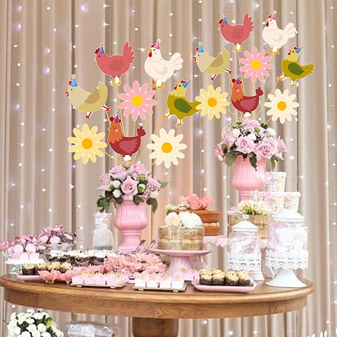 Chicken Themed Centerpiece Sticks Floral Chicken Birthday Table Toppers 16PCS Boho Daisy and Chick Party Decorations Farm Animals Centerpieces for Barnyard Theme Baby Shower Supplies