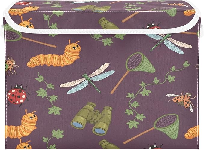 Dragonfly Net Binoculars Caterpillar Storage Bins with LidsLeaves Insect Foldable Storage Basket with Handles Collapsible Large Fabric Organizer Containers for Clothes Shelves Closet Office Ho