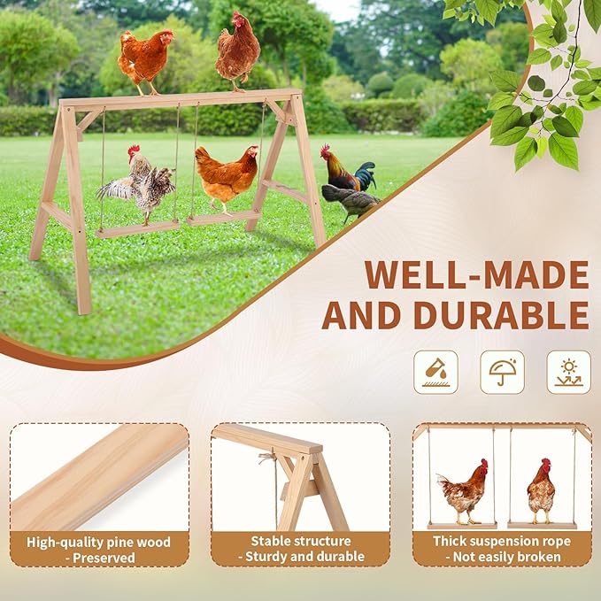 Pine Wood Chicken Roosting Bars with 2 Swings – Weather‑Resistant Poultry Perch for 6–8 Chickens – Backyard Coop Accessories & Comfortable Outdoor Play Station