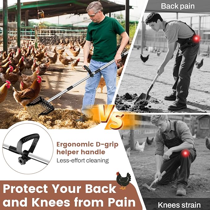 2-in-1 Chicken Poop Scooper & Rake,10" Wide Metal Sand Sifting Shovel with Grip,Chicken Pooper Scooper for Poop Shavings,Litter Scooper for Chicken Coop Accessories,Adjustable Handle (24" to 66")