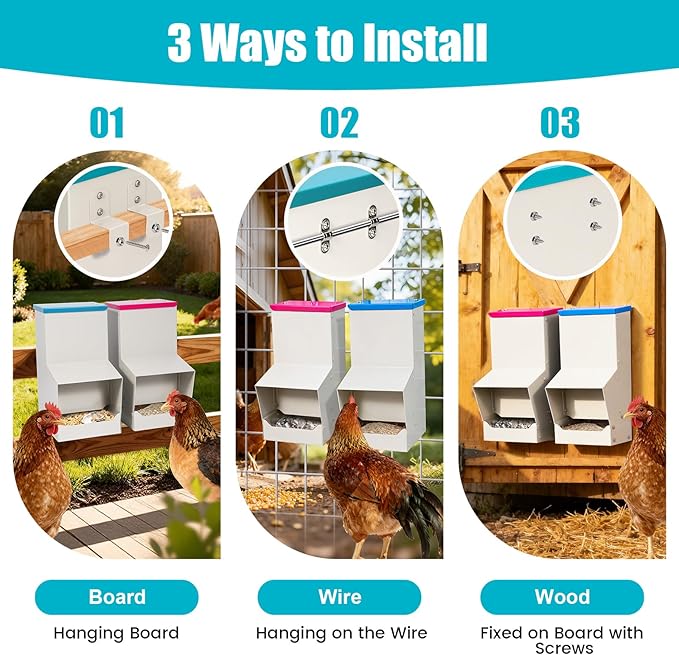 10L Chicken Grit and Oyster Shell Feeder Combo,Metal Automatic Chicken Feeder with Lid Chicken Coop Accessories Supplies Hanging Gravity Poultry Feeders Trough for Strong Eggs Poultry