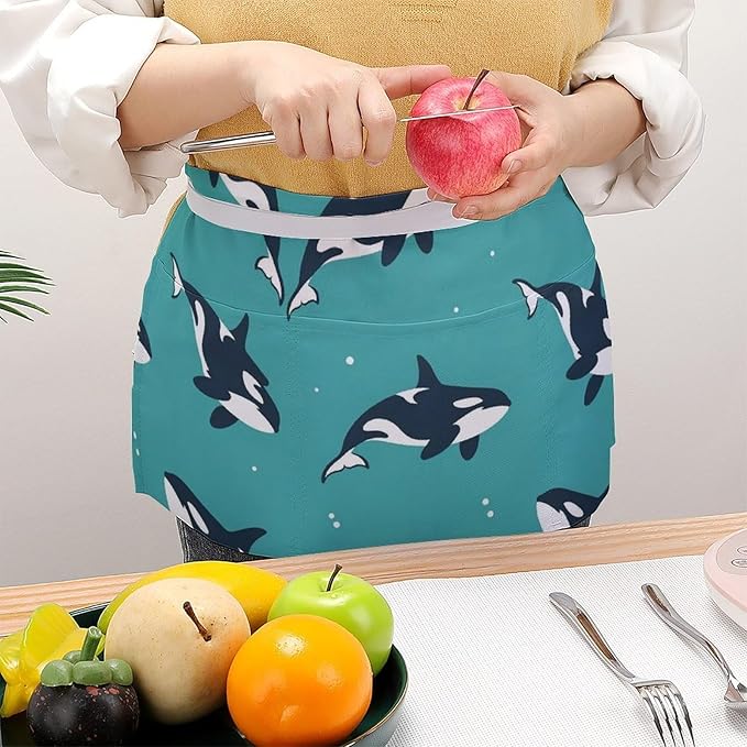 Unisex Apron for Cooking Server Waitress Half Waist Apron with 3 Pockets