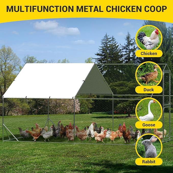 Large Metal Chicken Coop, Walk-In Poultry Cage, Chicken Run Pen House With Reinforcement & Waterproof & Anti-Ultraviolet Cover Chicken Coop Run With Double Lockable Doors for Outdoor 9.8 x 13.1X 6.6ft