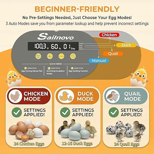 Sailnovo Incubator for 24 Eggs, 4 Modes Egg Incubator with Automatic Egg Turning, Temperature Control and Humidity Alarm - 360°View with Clear Window Incubators for Hatching Chicks(Grey)
