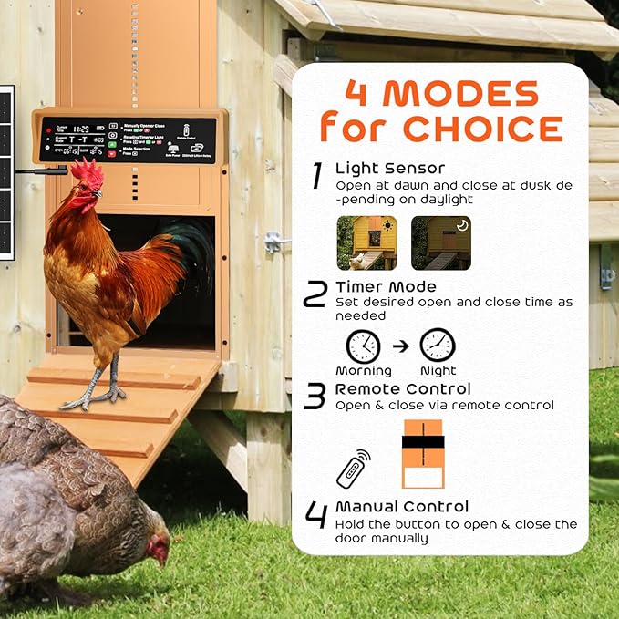 Asfrost Automatic Chicken Coop Door Solar Powered Automatic Chicken Door with Timer & Light Sensor, Anti-Pinch, Durable Aluminum Auto Chicken Door, Charge with 7W Solar Panel & USB - Orange