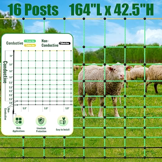42.5" H x 164' L Electric Fence Netting, Electric Fencing for Sheep, Hogs, Cattle, PE Net Fencing Kit with 16 Posts Double Spiked, Movable Livestock Nets for Backyards, Homesteaders, Farms Ranches