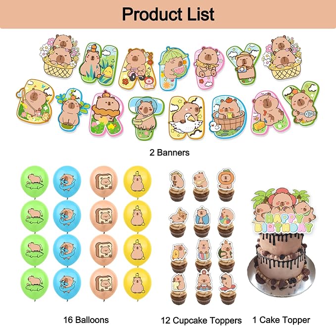 Cartoon Happy Birthday Banner Balloons Cupcake Toppers Birthday Decorations for Capybara Theme Party Decor Supplies