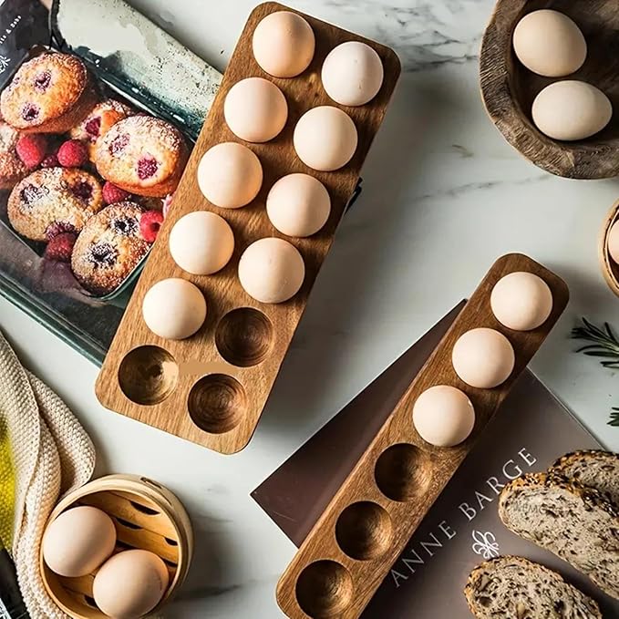 Solid Wood Egg Holder Countertop Wooden Egg Tray to Hold Fresh Eggs Rustic Egg Storage Rack Deviled Egg Plates for Countertop Display Kitchen Organization Refrigerator Storage (12 Eggs)