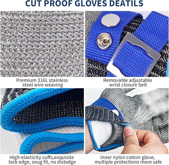 SMONT A9 Cut Resistant Gloves, Stainless Steel Metal Mesh Cut Glove for Oyster Shucking Butcher Mandolin Whittling Meat Fish Cutting Wood Carving Knife Proof XL