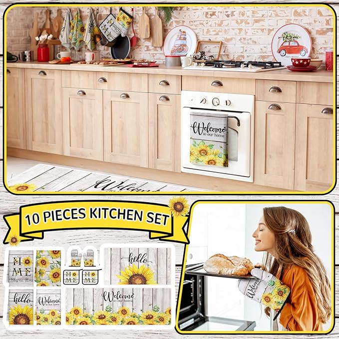 10 Pcs Farmhouse Sunflower Kitchen Decor Set Sunflower Kitchen Towels and Rugs Oven Mitts Pot Holders for Cooking Baking Grilling Gift