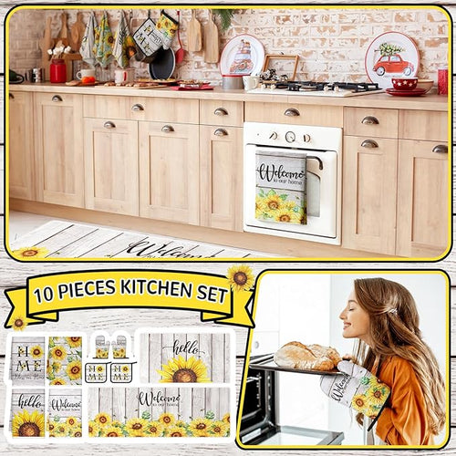 10 Pcs Farmhouse Sunflower Kitchen Decor Set Sunflower Kitchen Towels and Rugs Oven Mitts Pot Holders for Cooking Baking Grilling Gift
