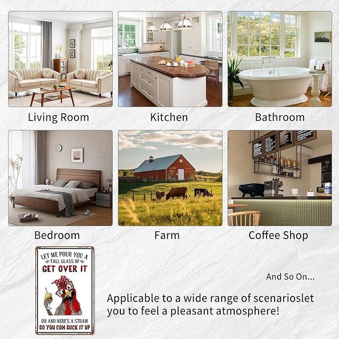 Funny Metal Signs For Outside, Metal Chicken Crossing, Let Me Pour You A Tall Glass of Get Over It Tin Sign for Home Farm Chicken Coop Farmhouse Kicthen Garden Decor, 8 x 12 Inch (53519)