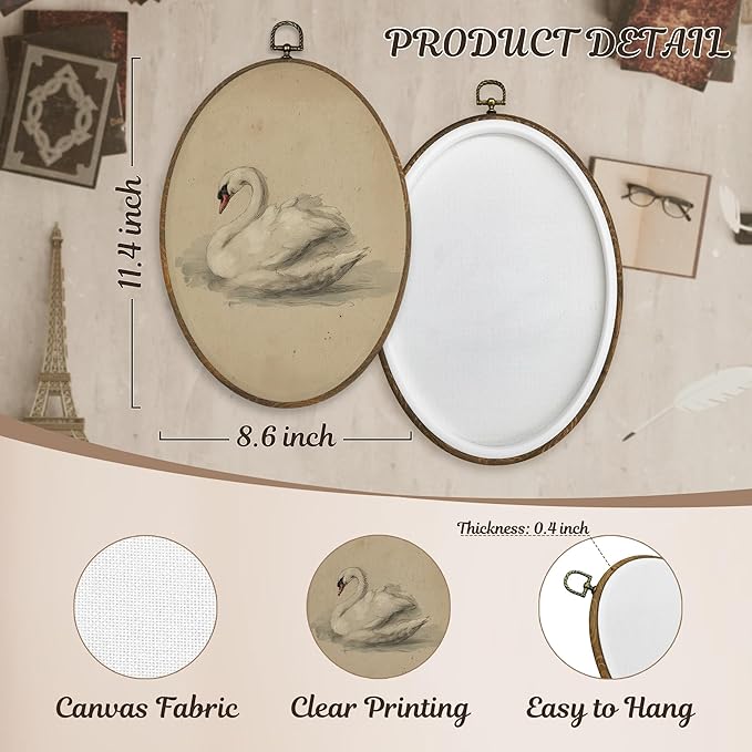 LKETW Vintage Swan Oval Wall Art Decor, Antique Elegant Swan Oval Canvas Hanging Decor, Retro Classical Animal Aesthetic Wall Decorations for Home Bedroom Living Room, 8.6x11.4 Inch