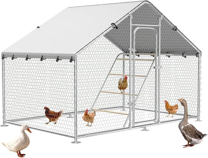 Large Metal Chicken Coop with Perch, Chicken Run Pen Walk-in Poultry Cage with Waterproof & Anti-Ultraviolet Cover for Outdoor Farm Use,Spire Roof(9.9" W x 5" L x 6.4" H)