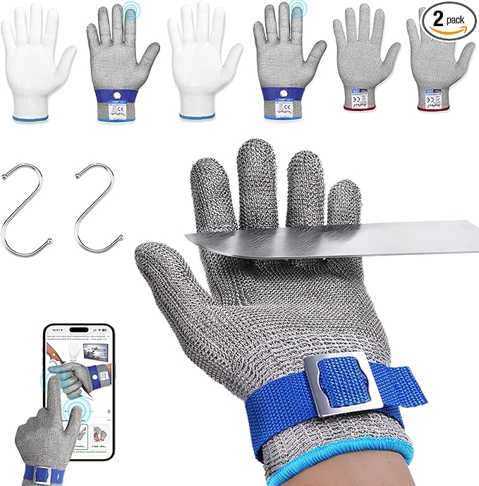 2 Pcs Level 9 Cut Resistant Gloves, Food Grade for Stainless Steel Mesh Metal Glove Touch Screen, Kitchen Cooking Gloves for Women and Men, for Butcher Meat Cutting Oyster Shucking, Size: 10/X-Large
