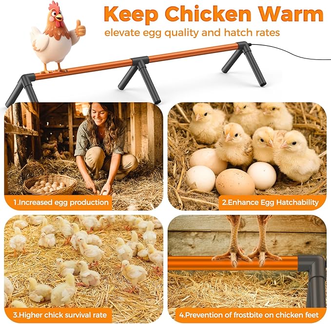 Heated Chicken Perch for Coop, 48" Aluminum Thermo Roosting Bar with 3 Adjustable Temperatures, Winter Poultry Support to Protect Toes from Frost, Chicken Coop Accessories