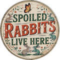 AWISZZZ Spoiled Rabbits Live Here Metal Sign 8x8in Round Cute Plaque for Pet Room Wall Decor Bunny Lover Gift