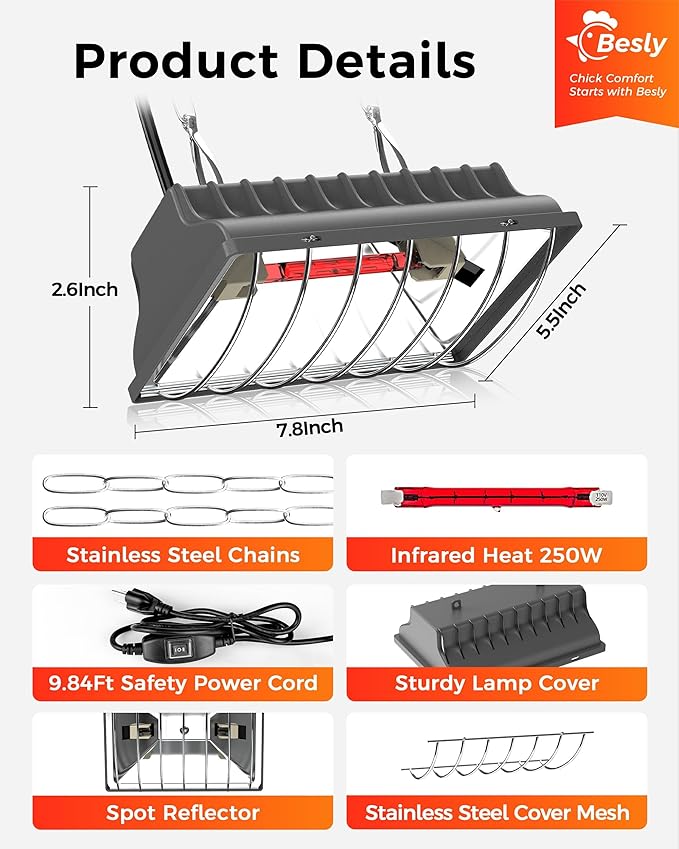Heat Lamp for Chicken Coop, 250W Waterproof Brooder Heater for Indoor & Outdoor Used, Infrared Heat Lamp with Adjustable Temp & Height, Ideal for Poultry, Livestock & Small Pets