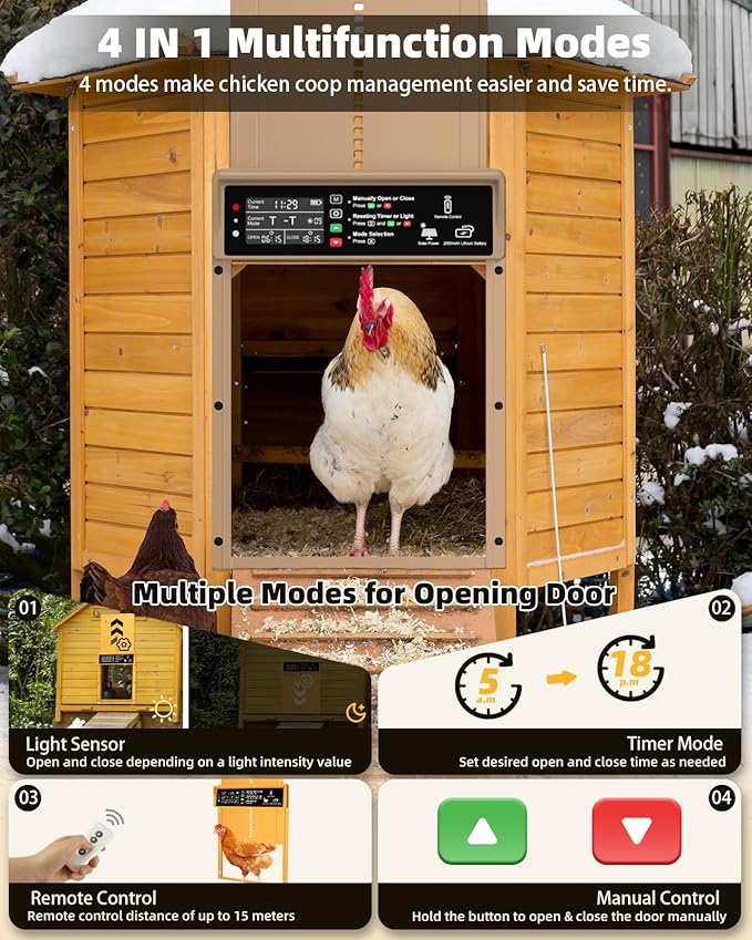 Automatic Chicken Coop Door, Pet Deluxe Chicken Coop Door Solar Powered 7W - Programmable Timer, Light Sensor, Anti-Pinch Safety, Aluminum Alloy Frame with 10 Wire Clips Chicken Door - Brown