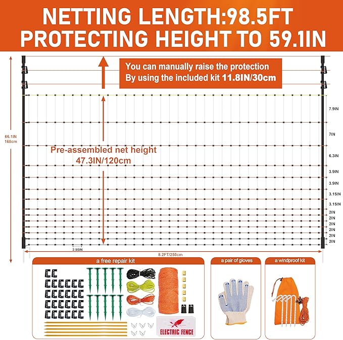 Poultry Electric Netting Fence - 47.3''H (can be Manually Raised to 59.1''H) x 98.5'L for Flying Chicken, Sheep, Goats in Farms, Ranches and Gardens, PK1