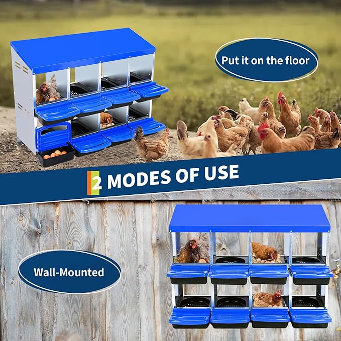 Chicken Nesting Boxes, Roll Away Nesting Box 8 Hole Metal Chicken Egg for Chicken Coop, Swing Perch and Rollout Egg Collection, Blue