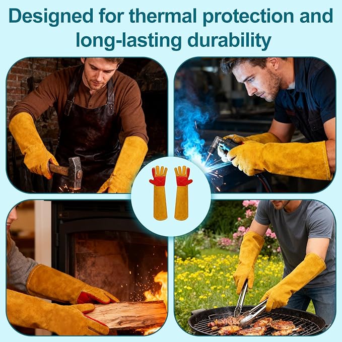 Welding Gloves 23.6" Heat-Resistant Leather, Long Gauntlet Forearm Protection for TIG/MIG, Also for Animal Handling