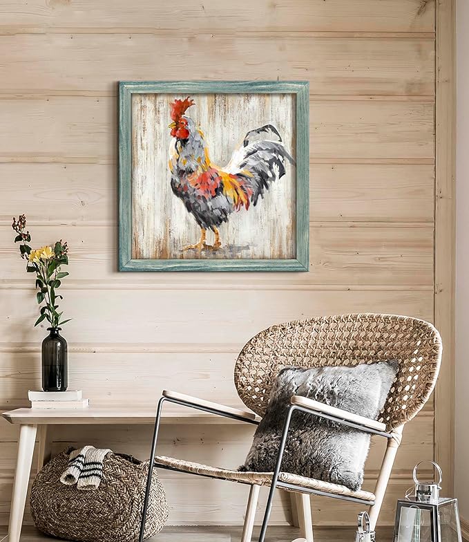 Rustic Wall Art Farmhouse Picture: Chicken Wooden Framed Print Rooster Farm Kitchen Painting Decor Vintage Country Animal Artwork for Home Living Room Bedroom 24 x 24 Inches