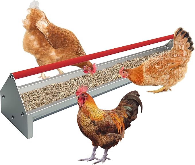 Chicken Feeding Trough 45 Inch, Heavy Duty Galvanized Steel Coop Feeder with Crossbar & Drainage Holes, Large Capacity Metal Poultry Trough Feeder for Ducks, Birds Red