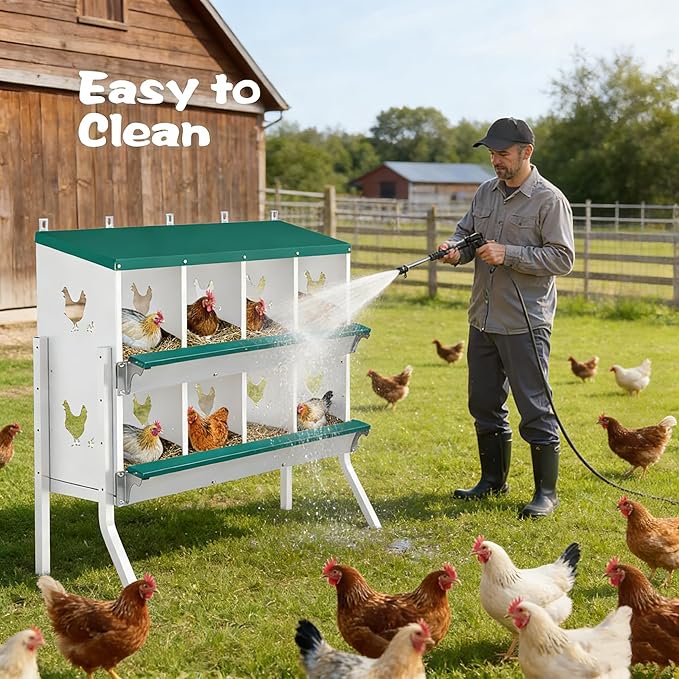Chicken Nesting Box 8 Compartment with Legs10 Pet Moisture Pads and 4 Fake Eggs Roll Away Egg Collection, Perch, Lid Cover for Egg Protection - Wall Mount Nest Box for Chickens, Hens, Ducks