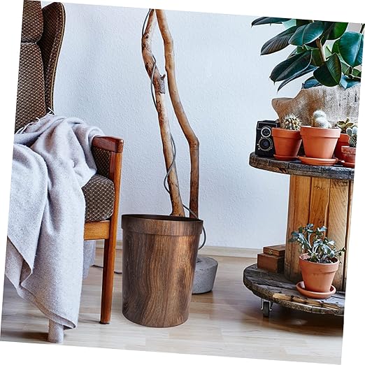 VICASKY Retro Trash Can Ornament Container Metal Storage Baskets Lip Gloss Containers Small Trash Can Rubbish Bin Wood Grain Wastebasket Garbage Bin Living Room Garbage Brown