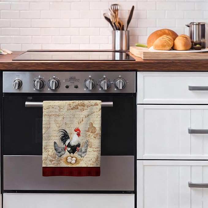 Chicken & Rooster Kitchen Towels Retro Farmhouse Dish Towels Set of 4, Absorbent Vintage Rustic Hand & Tea Towel, Rooster Kitchen Decor, Chicken Gifts for Women