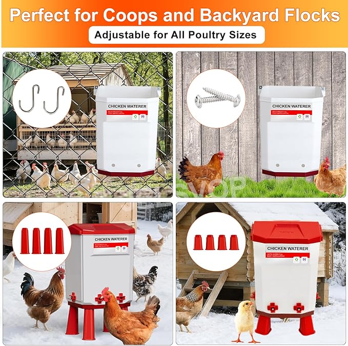 Chicken Waterer Nipples, Chicken Water Bucket with 4 Nipple Drinkers, Automatic Chicken Waterer, Standing or Hanging Use, Automatic Poultry Drinker for Coop (Red, 2 Gallon)