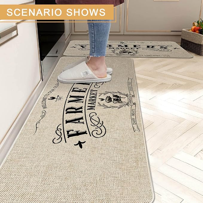 Roszwtit Farmhouse Kitchen Rugs and Mats Set of 2, Farmhouse Kitchen Mat, Seasonal Holiday Cooking Sets Low-Profile Non-Slip Floor Mats for Home Kitchen Decor - 17x29 and 17x47 Inch