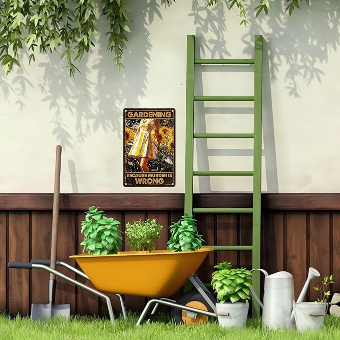Garden Vintage Sign Gardening Because Murder Is Wrong Metal Sign for Garden Yard Backyard Patio Porch Decor 8x12inch
