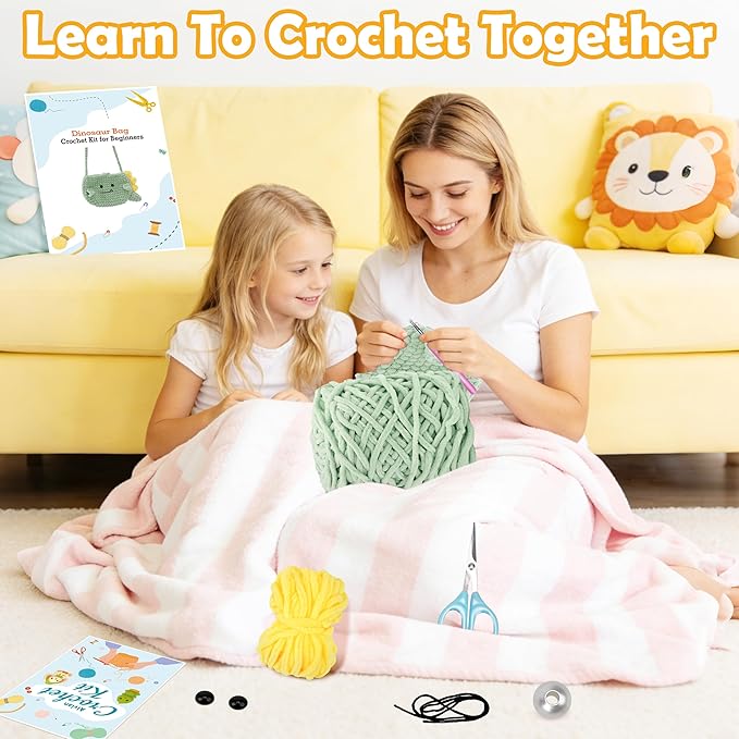 Alvian Crochet Kit for Beginners Crossbody Wallet Belt Bag Crochet Starter Kits Craft Knitting Crocheting Kits with Yarn, Hook, & Tutorial Gift for for Birthday (Green-Dinosaur Bag)
