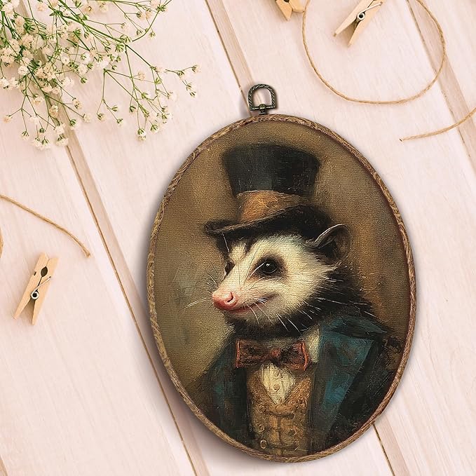 Hxlac Vintage Opossum Oval Wall Art Framed, Dark Moody Opossum Oval Wall Decor, Rustic Farm Animal Hanging Canvas Prints Wall Sculptures for Home Living Room Bedroom Decor, 8.5x11.5 Inch