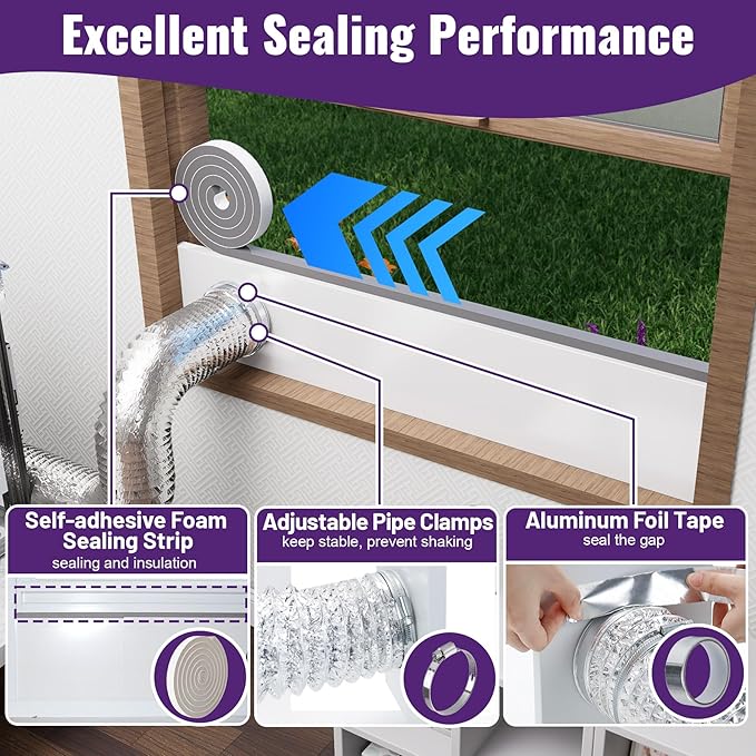 Mxclimate Window Vent Kit Fit with 3”/4” Ducting Hose for Sliding Windows,Adjustable Window Seal Kit for Duct Fans,3D Printer Enclosure,Dryer,Grow Tent