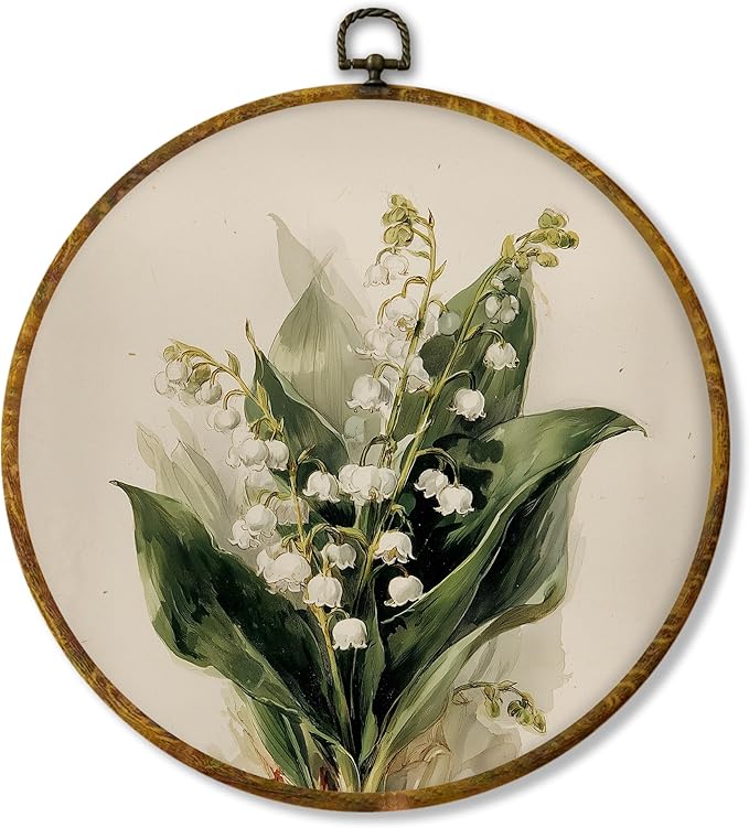 Hiuwevt Vintage Lily of the Valley Floral Round Wall Art Decor, Retro Flower Botanical Framed Canvas Prints, Floral Round Wall Hanging Decor for Home Bedroom Living Room Decorations, 10x10 Inches