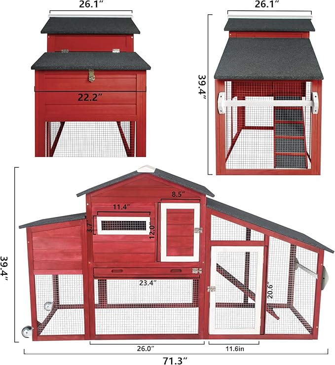 Chicken Coop Large Wooden Chicken Tractor - with Wheels Waterproof Outdoor Hen House Poultry Cage Back Yard Chicken Coops with Run, Laying Boxes, and Removable Tray, for Chickens, Ducks, Rabbits