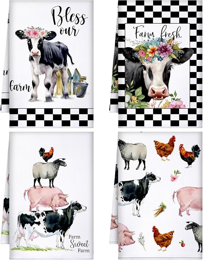 Geyoga 4 Pcs Chicken Kitchen Towels Rooster Dish Hand Towels Farm Animal Cow Vintage Rustic Tea Cloth for Spring Easter Bathroom Farmhouse Decor Gifts, 16 x 24 Inch(Vintage Color,Farm Animals)