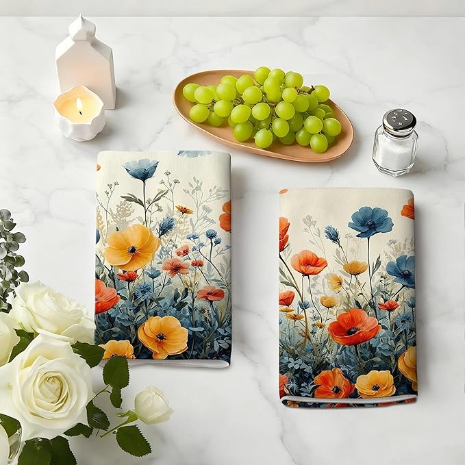 Rustic Wildflower Decorative Kitchen Dish Towels, Colorful Floral Hand & Tea Towel Set of 4, Orange and Blue Dish Cloths for Farmhouse Kitchen Cleaning Drying, Spring Summer Decor