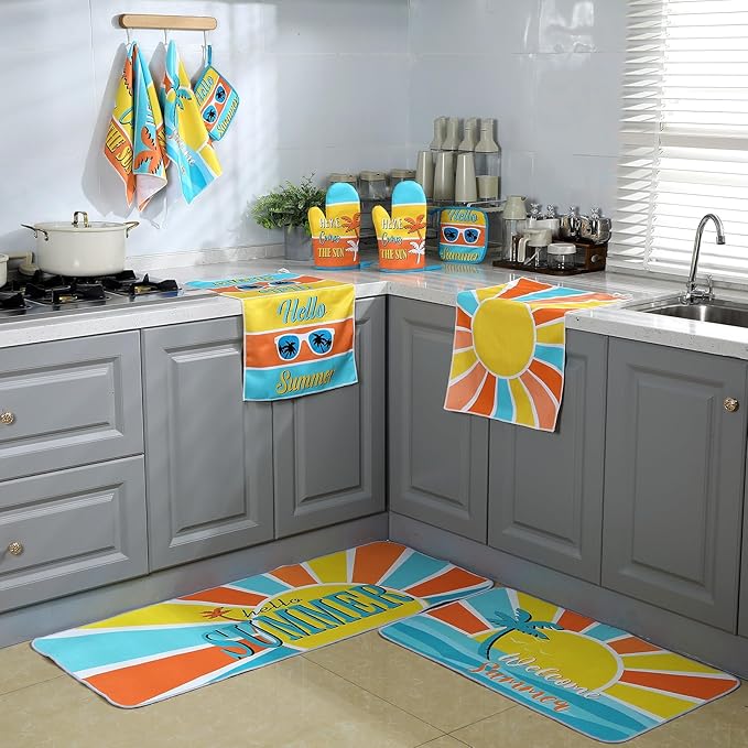 10 Pcs Hello Summer Kitchen Decor and Accessories Sunshine Beach Oven Mitts and Pot Holders Set Sunglass Dish Towels Boho Kitchen Decor Palm Gloves for Baking Cooking Grilling BBQ Women Gift