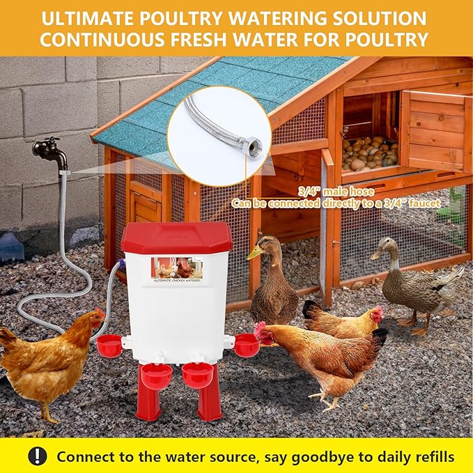 Lilyang Automatic Chicken Waterer 2 Gallon | Float-Control Auto Waterer, Hanging/Standing Design, Connect to 3/4'' Faucet & Hose, Effortless Hydration Solution for Backyard Coop & Small Farm