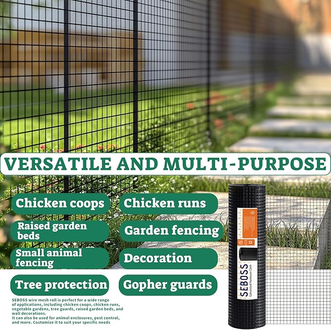 SEBOSS Hardware Cloth 1/4 inch 48" x 50' 23-Gauge, Black Vinyl Coated for Chicken Wire Mesh, Garden Fencing, Chicken Wire Fencing, Wire Cloth, and Animal Control Fencing
